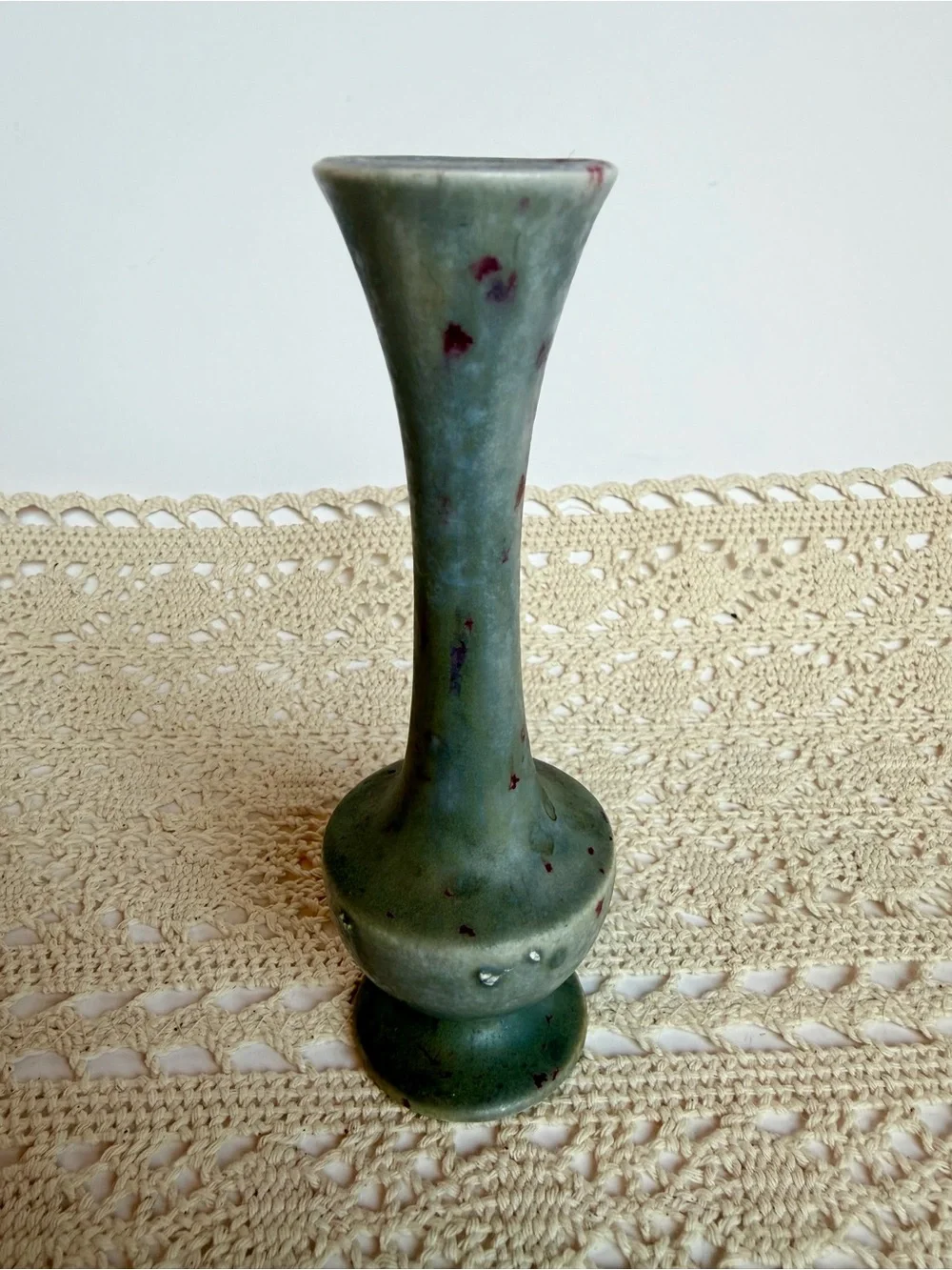 Maria Hall Studio Pottery Bud Vase Green Mottled Glaze Signed Handmade 6”